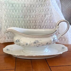 John Haviland Gravy Boat Attached Underplate Blue Garland Bavaria Backstamp